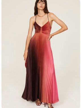 Pleated Ombre Spaghetti-Strap Maxi Dress in Pink and Chocolate
